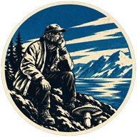 Lawrence Millman — circular emblem of a traveler on a ledge overlooking mountains.