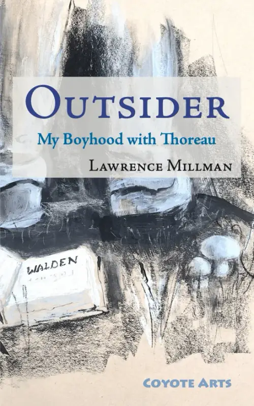 Cover of Outsider: My Boyhood with Thoreau, charcoal with Walden and mushrooms.