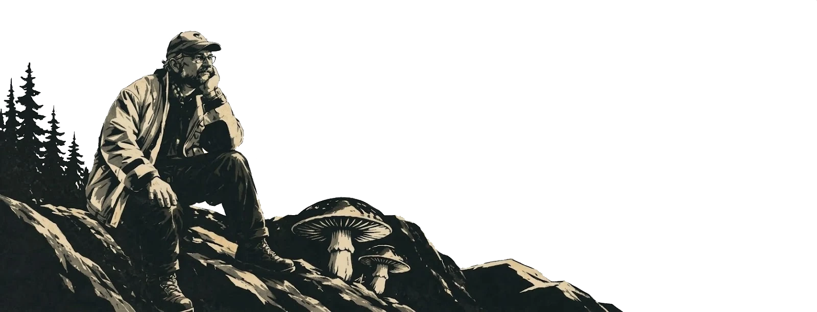 Figure on a ledge overlooking mountains