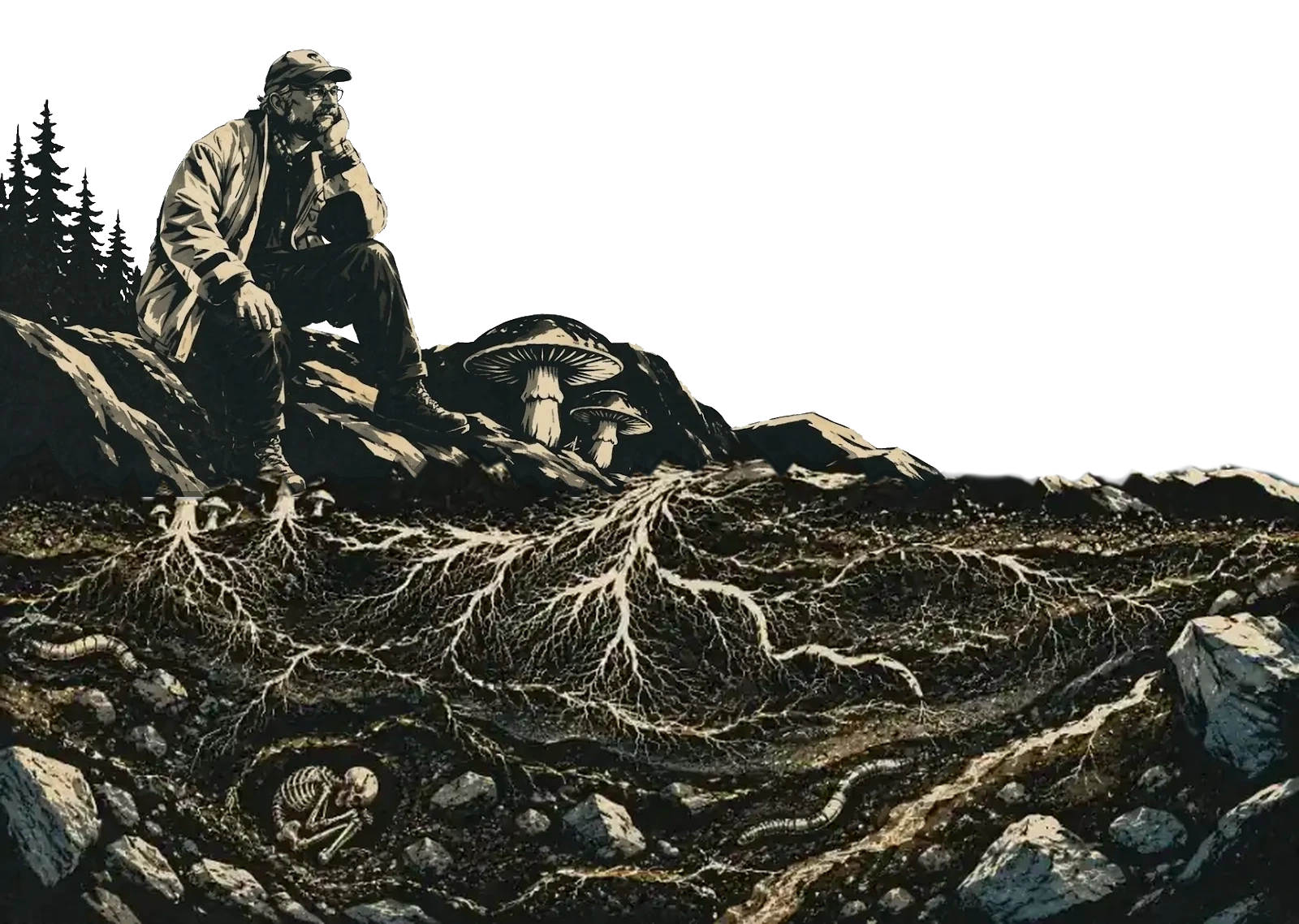 Figure on a ledge above a mycelium ground