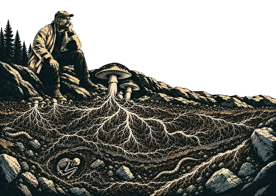Figure on a ledge above a mycelium ground